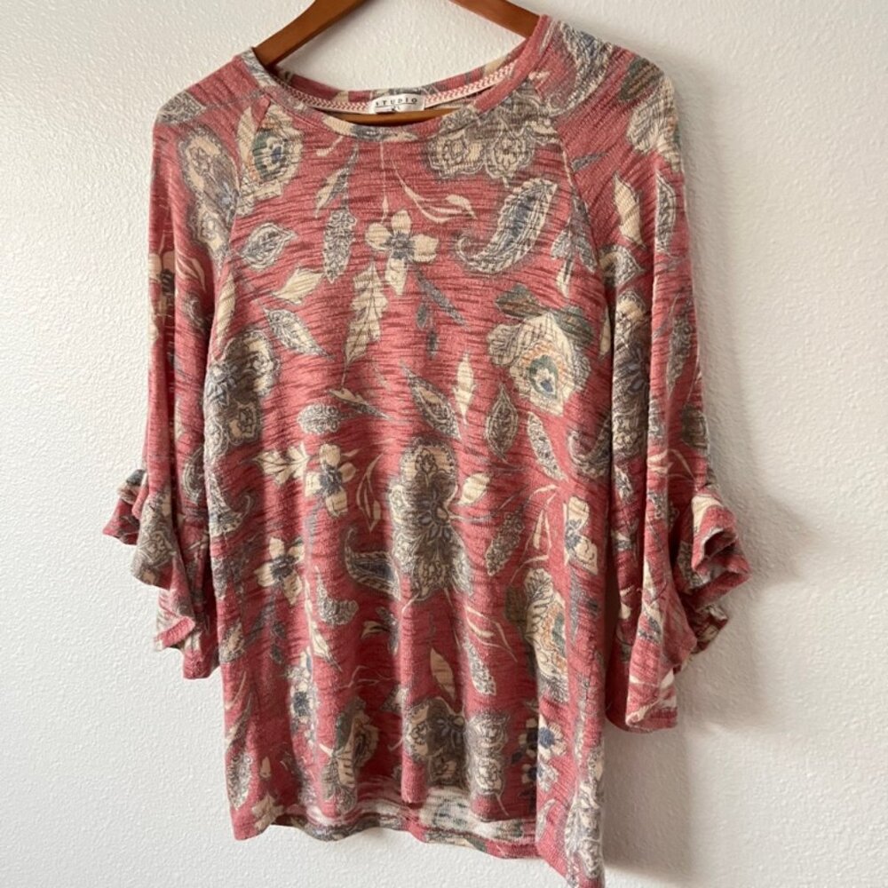 Studio JPR Floral Detail Blouse SZ XL  Flounce Sleeve Semi sheer